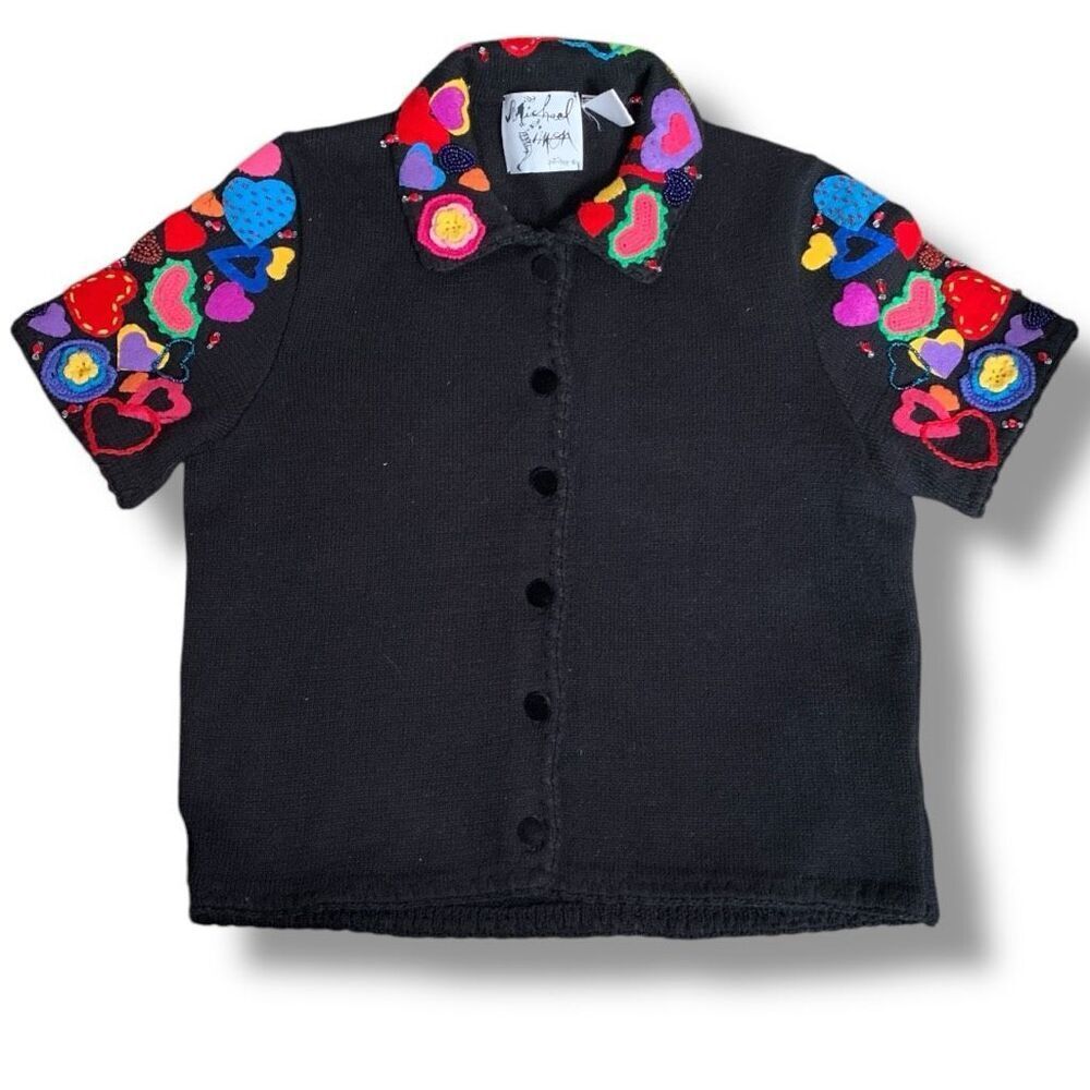 Vintage 90s Michael Simon Cropped Cardigan Bright Pink Knit Black Heart Pattern
